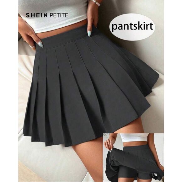 SHEIN PETITE Solid Color Pleated Elegant Casual Commute Y2K School Style Women's - Picture 1 of 11